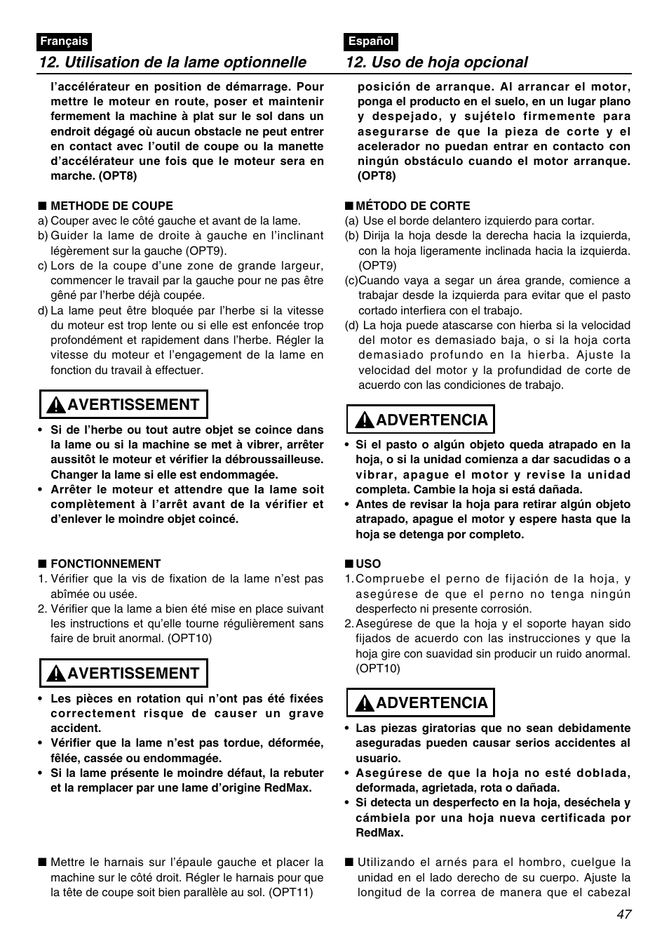 Avertissement, Advertencia | Zenoah BCZ2401S-CA User Manual | Page 47 / 64