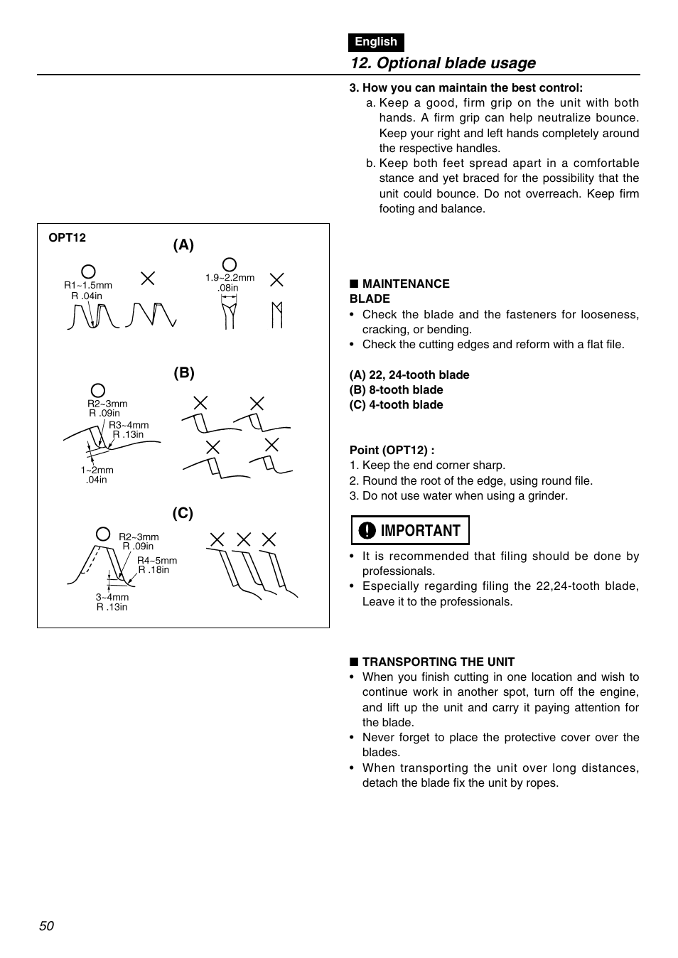 Important 12. optional blade usage | Zenoah BCZ2401S-CA User Manual | Page 50 / 64