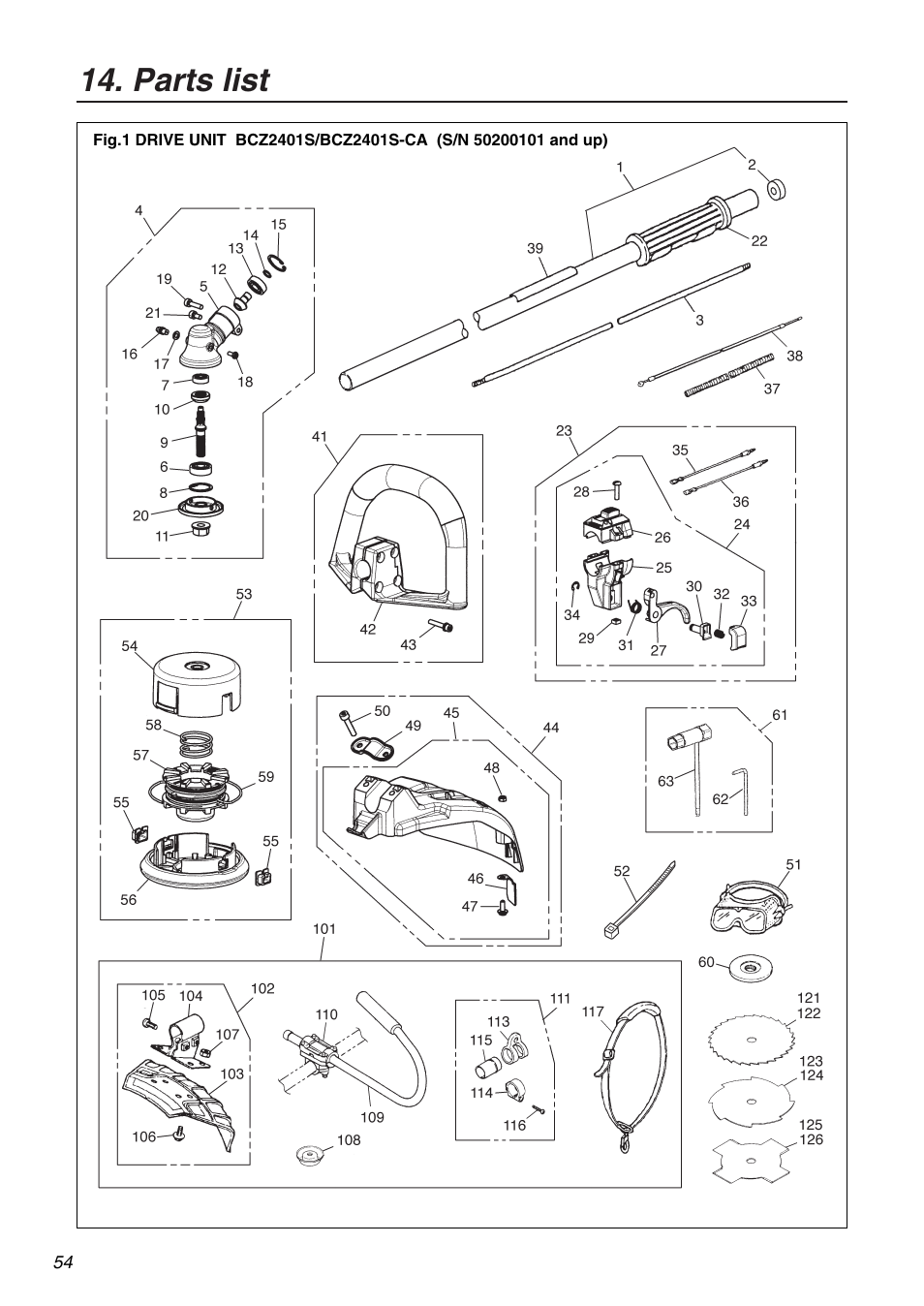 Parts list | Zenoah BCZ2401S-CA User Manual | Page 54 / 64