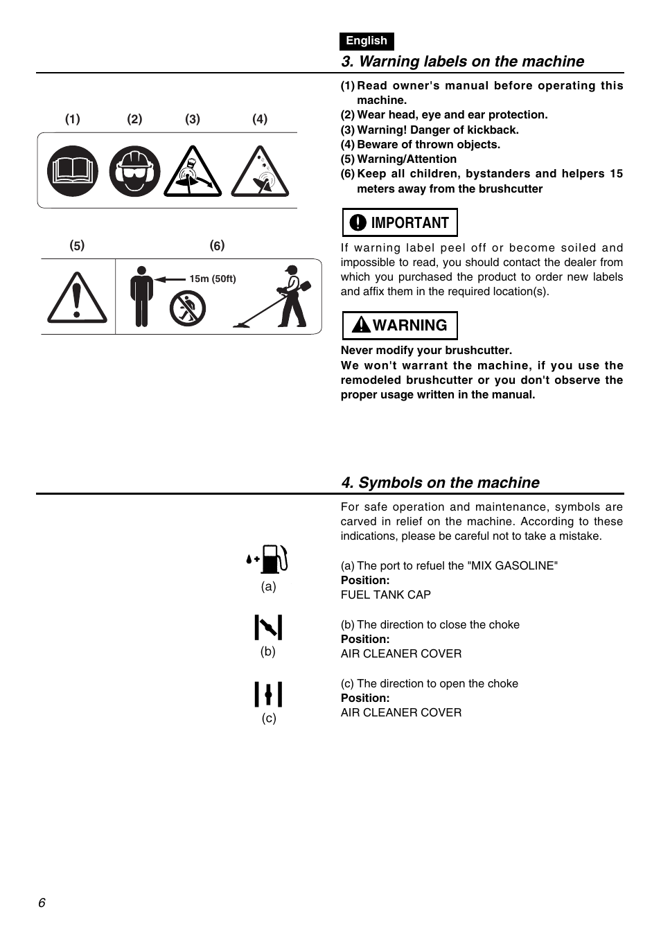 Warning labels on the machine, Warning important 4. symbols on the machine | Zenoah BCZ2401S-CA User Manual | Page 6 / 64