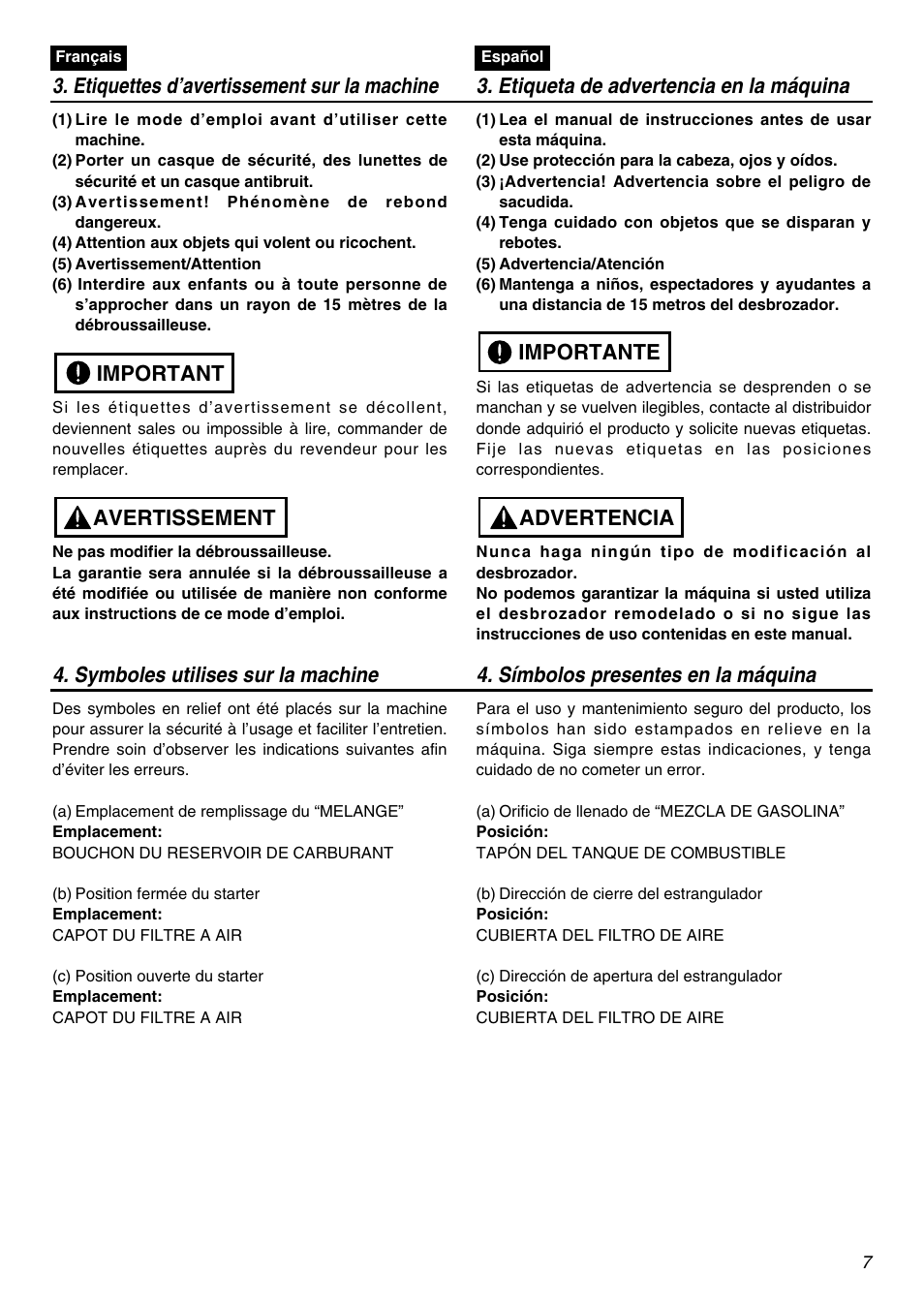 Avertissement important, Advertencia importante | Zenoah BCZ2401S-CA User Manual | Page 7 / 64