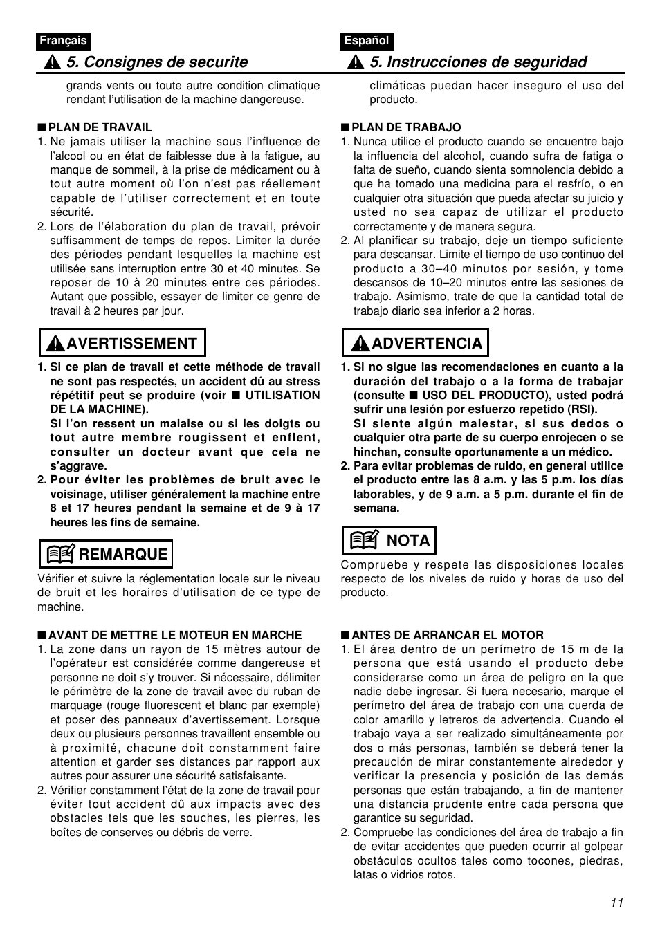 Remarque avertissement | Zenoah HEZ2601F User Manual | Page 11 / 56