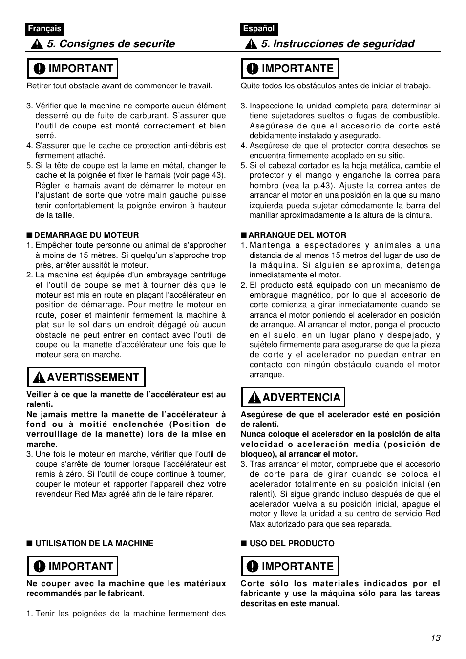 Important avertissement important | Zenoah HEZ2601F User Manual | Page 13 / 56