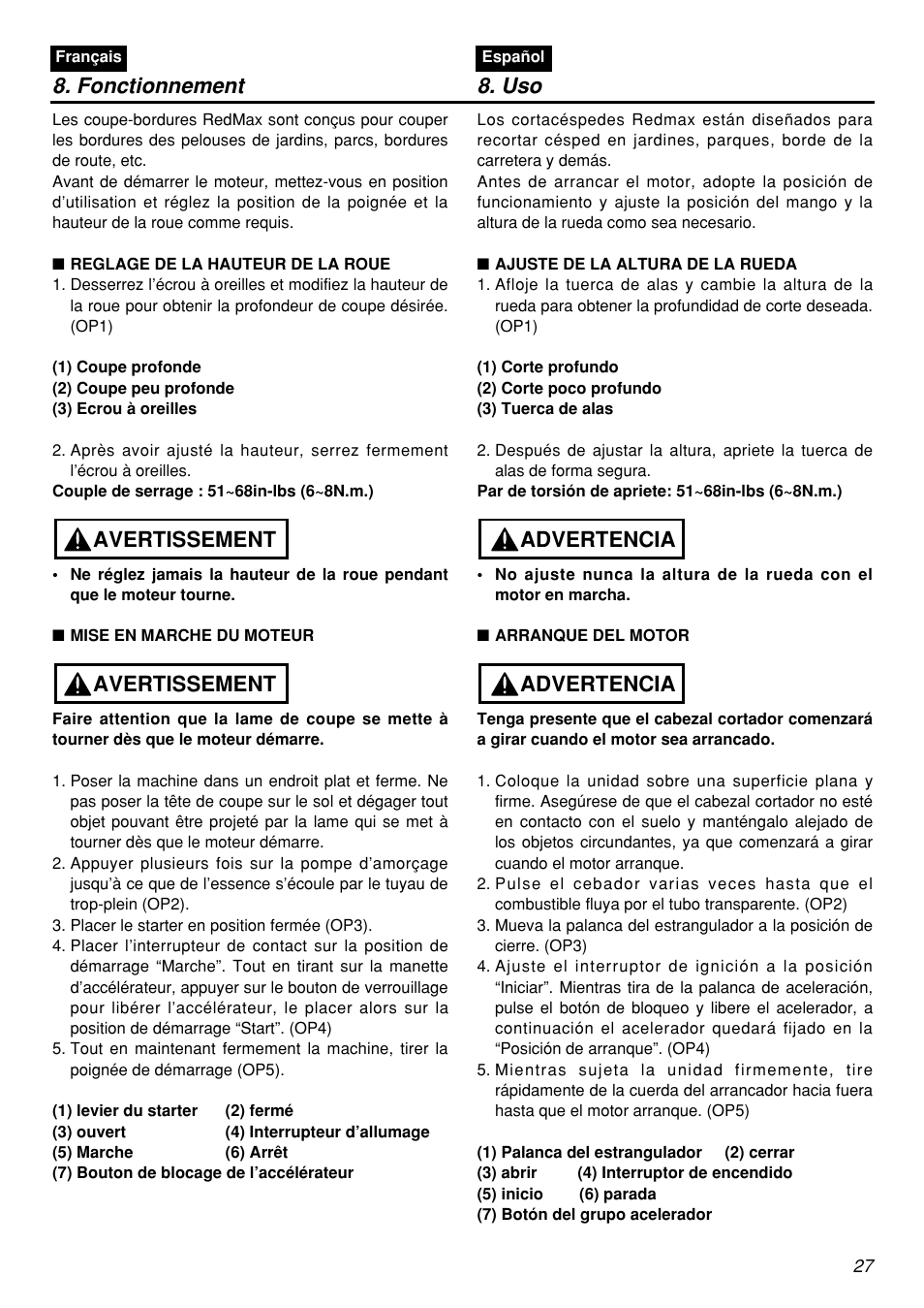 Fonctionnement 8. uso, Avertissement, Advertencia | Zenoah HEZ2601F User Manual | Page 27 / 56