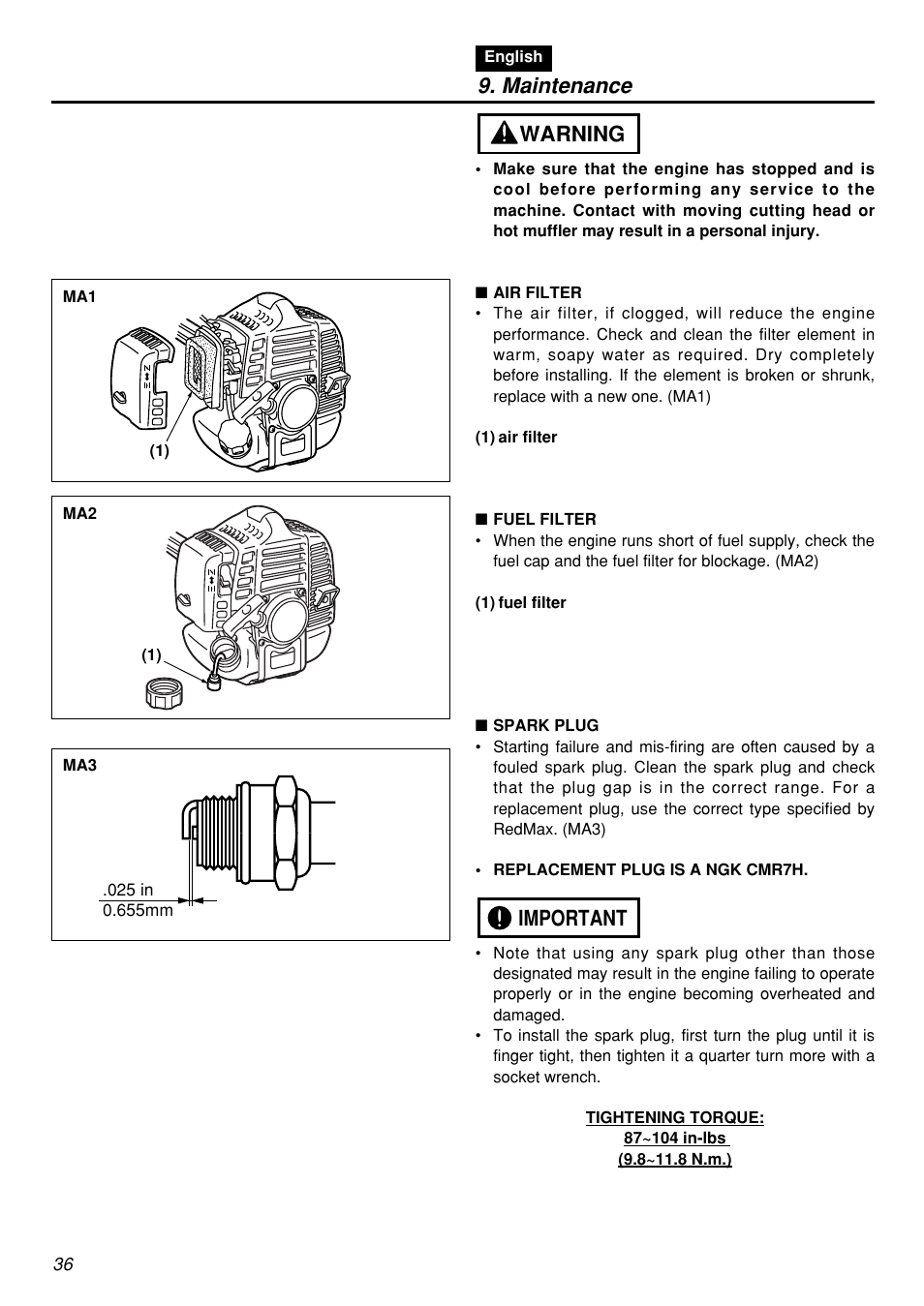 Maintenance, Important warning | Zenoah HEZ2601F User Manual | Page 36 / 56