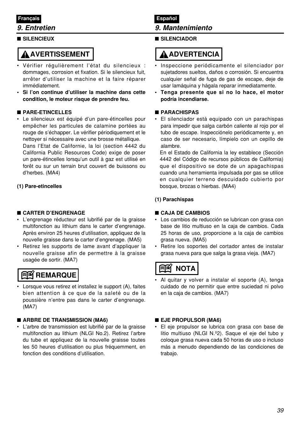 Entretien 9. mantenimiento, Remarque avertissement, Nota advertencia | Zenoah HEZ2601F User Manual | Page 39 / 56