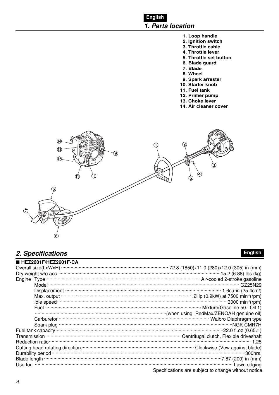 Parts location, Specifications | Zenoah HEZ2601F User Manual | Page 4 / 56