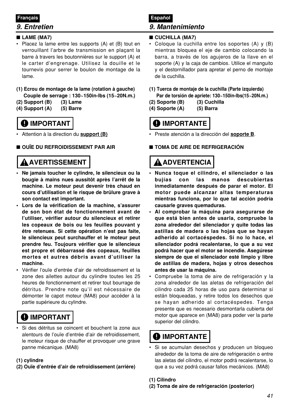 Entretien 9. mantenimiento, Important avertissement important, Importante advertencia importante | Zenoah HEZ2601F User Manual | Page 41 / 56