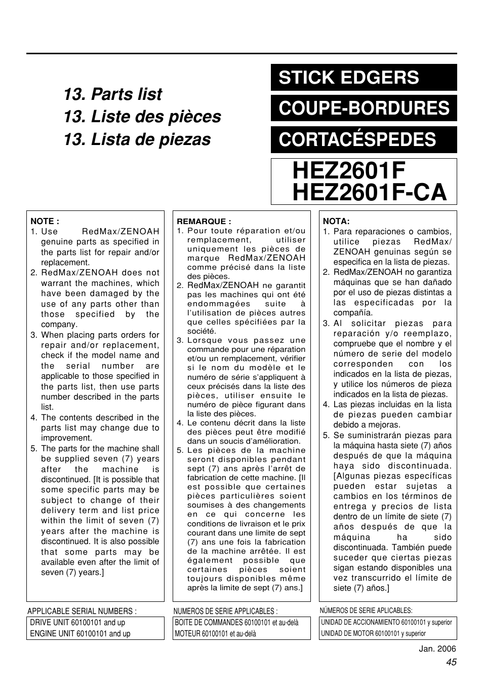 Coupe-bordures cortacéspedes, Stick edgers | Zenoah HEZ2601F User Manual | Page 45 / 56