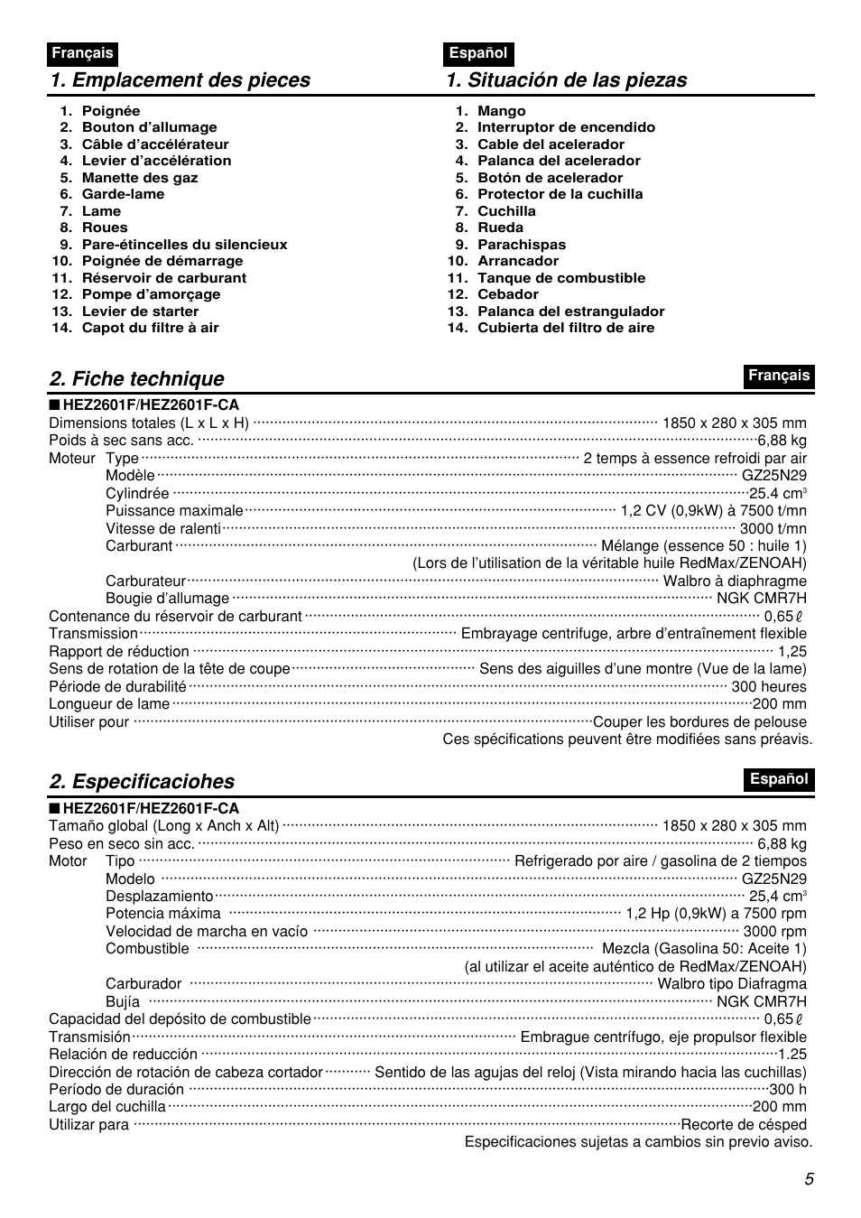 Emplacement des pieces 1. situación de las piezas, Fiche technique, Especificaciohes | Zenoah HEZ2601F User Manual | Page 5 / 56