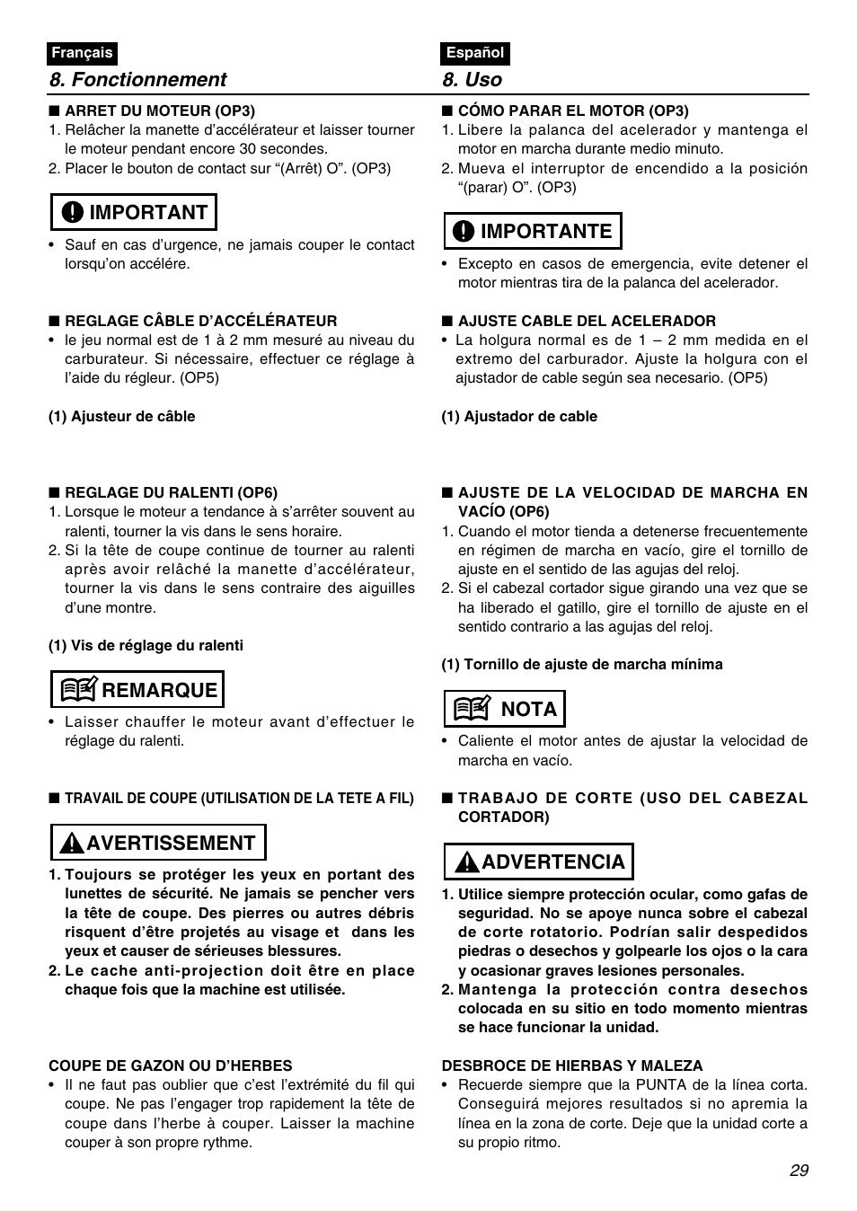 Fonctionnement 8. uso, Avertissement remarque important, Advertencia nota importante | Zenoah BCZ2610S-CA User Manual | Page 29 / 64