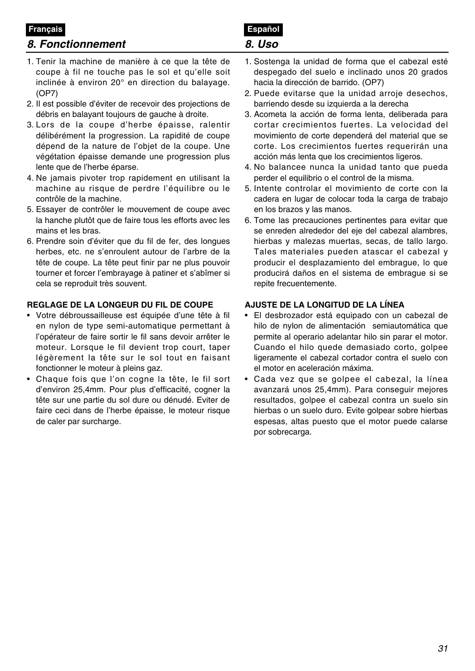 Fonctionnement 8. uso | Zenoah BCZ2610S-CA User Manual | Page 31 / 64