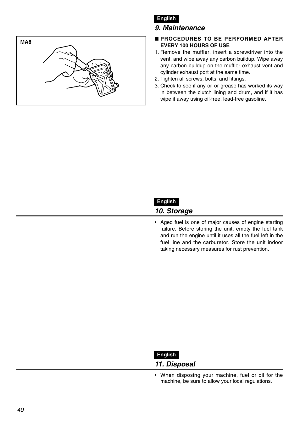 Maintenance, Storage, Disposal | Zenoah BCZ2610S-CA User Manual | Page 40 / 64