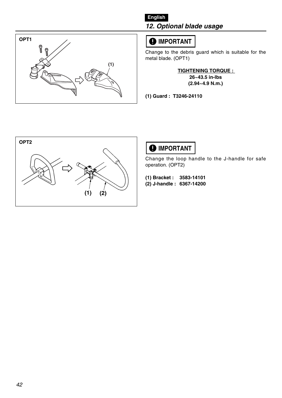 Optional blade usage, Important | Zenoah BCZ2610S-CA User Manual | Page 42 / 64