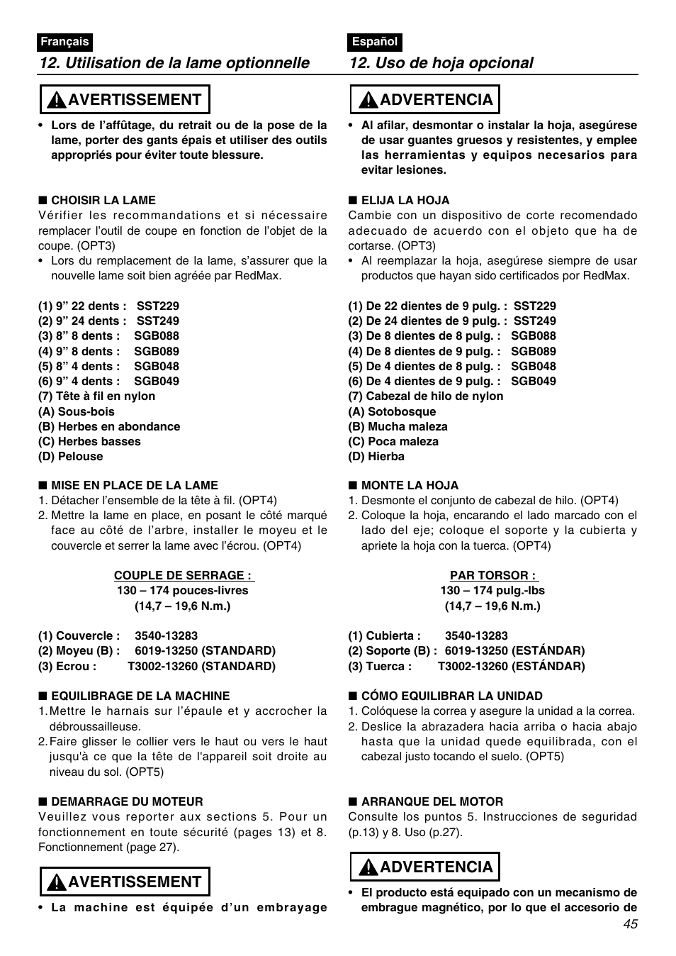Avertissement, Advertencia | Zenoah BCZ2610S-CA User Manual | Page 45 / 64