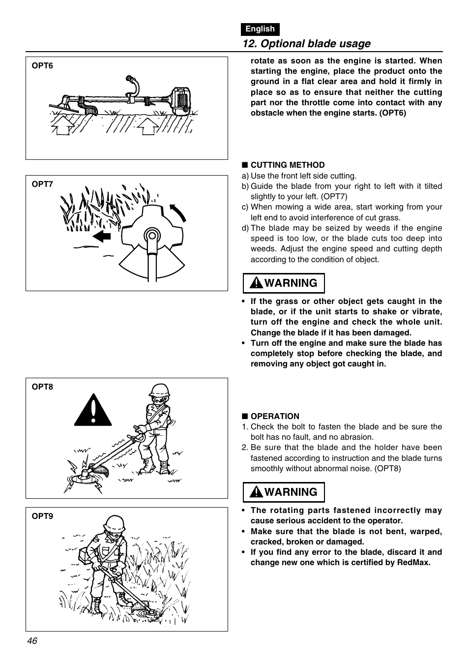 Optional blade usage, Warning | Zenoah BCZ2610S-CA User Manual | Page 46 / 64