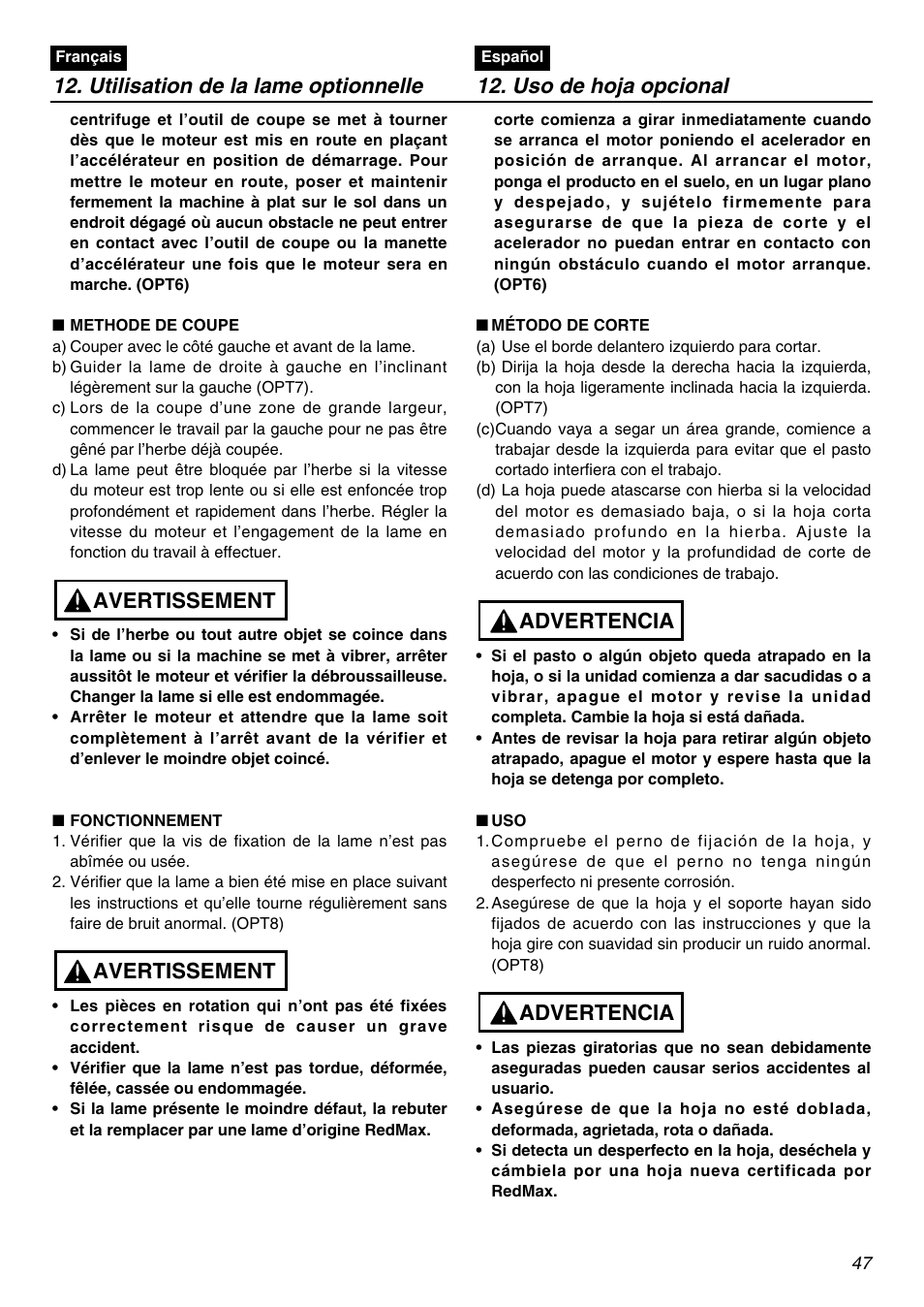 Avertissement, Advertencia | Zenoah BCZ2610S-CA User Manual | Page 47 / 64
