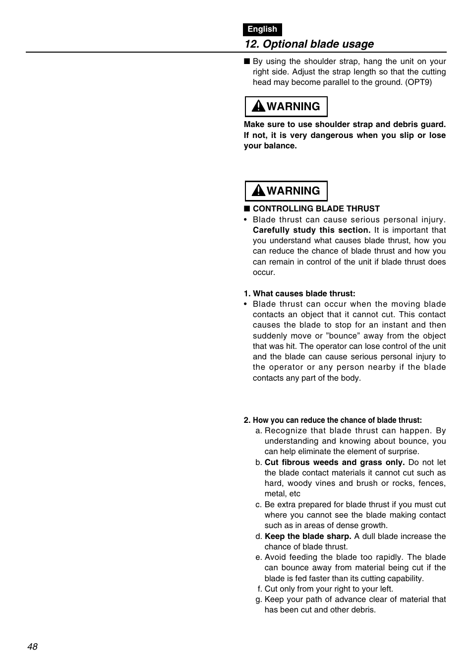 Optional blade usage, Warning | Zenoah BCZ2610S-CA User Manual | Page 48 / 64