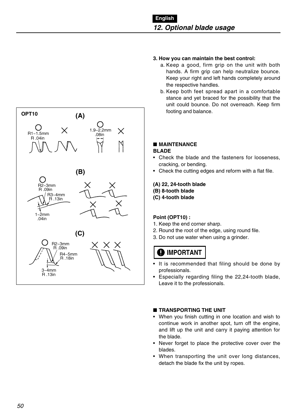 Important 12. optional blade usage | Zenoah BCZ2610S-CA User Manual | Page 50 / 64