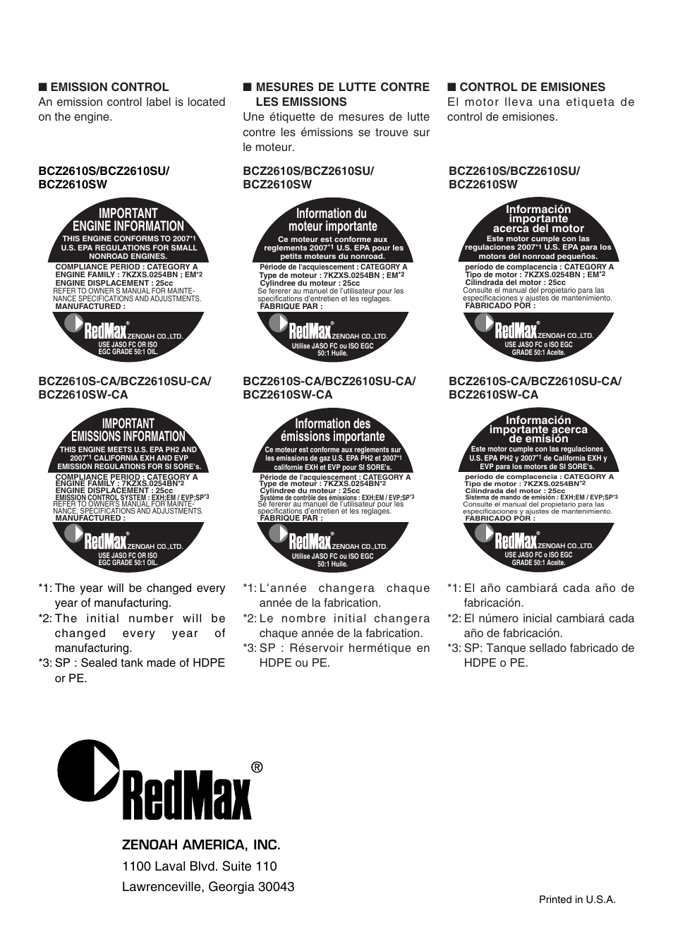 Important engine information, Important emissions information, Information du moteur importante | Information des émissions importante | Zenoah BCZ2610S-CA User Manual | Page 64 / 64