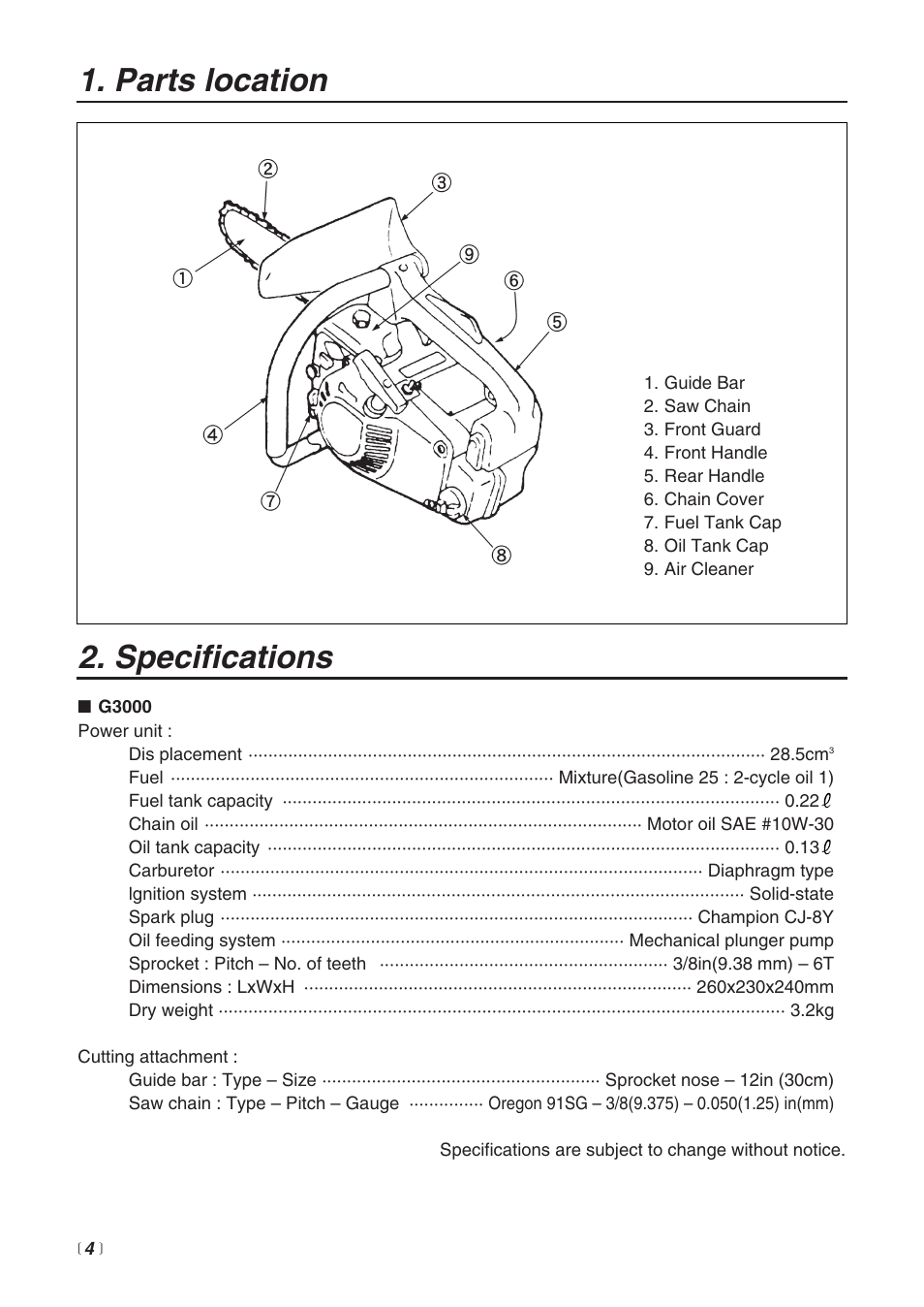 Specifications, Parts location | Zenoah G3000 User Manual | Page 4 / 20