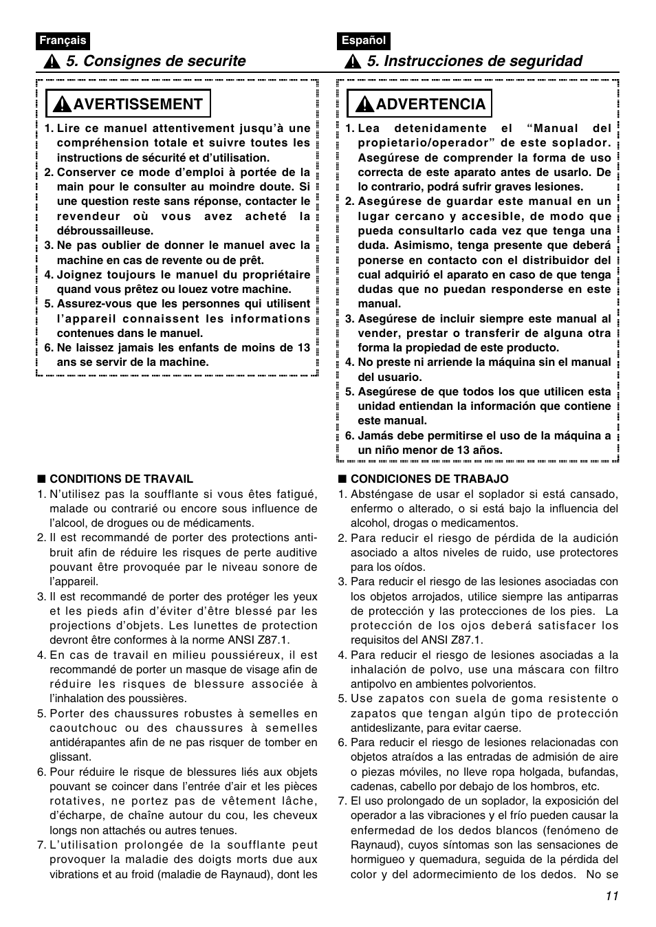 Advertencia, Avertissement | Zenoah EBZ5100Q User Manual | Page 11 / 56