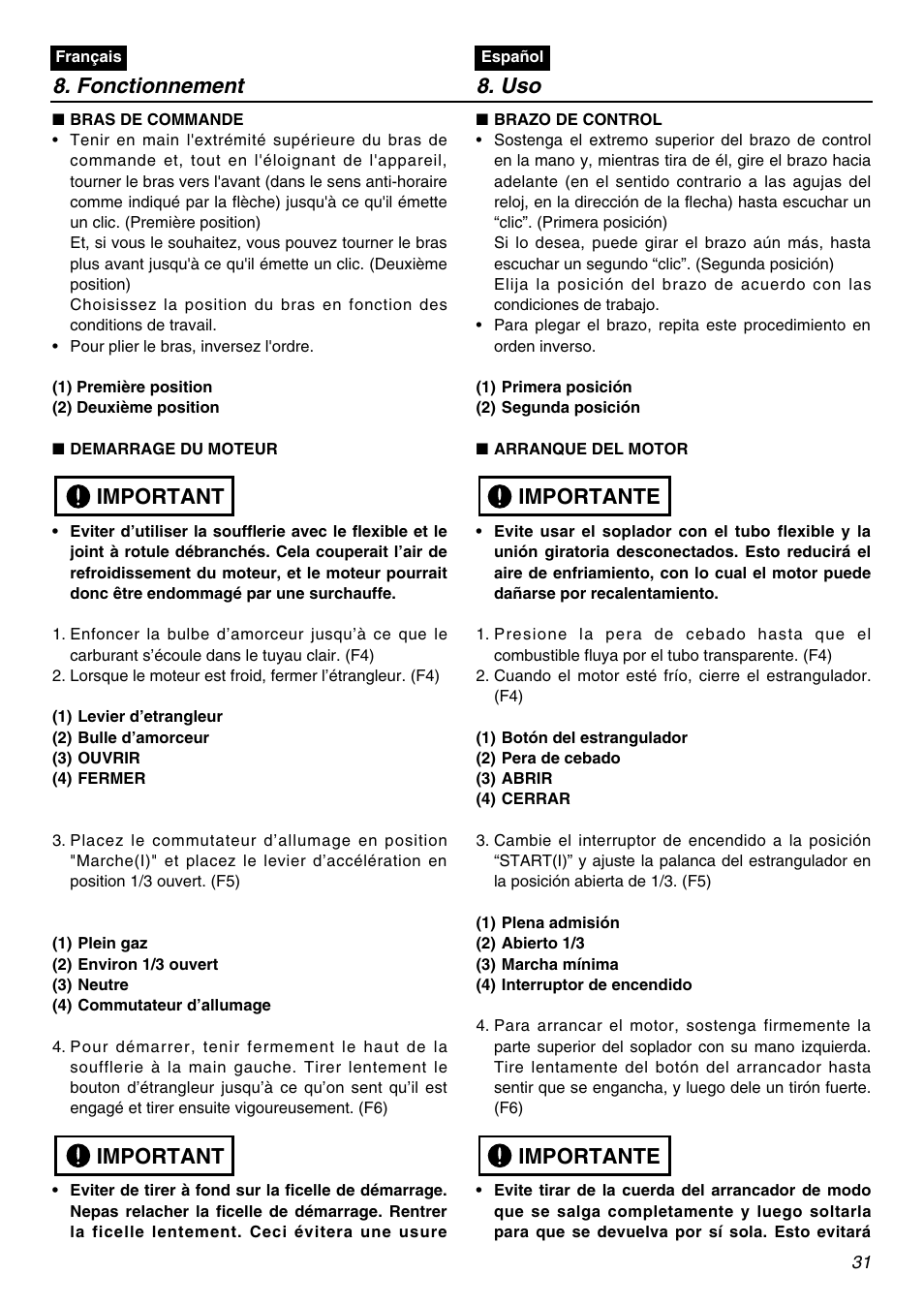 Fonctionnement 8. uso, Important, Importante | Zenoah EBZ5100Q User Manual | Page 31 / 56