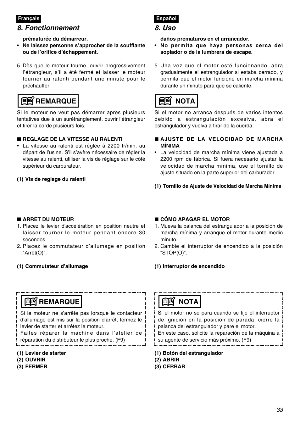 Fonctionnement 8. uso, Remarque, Nota | Zenoah EBZ5100Q User Manual | Page 33 / 56