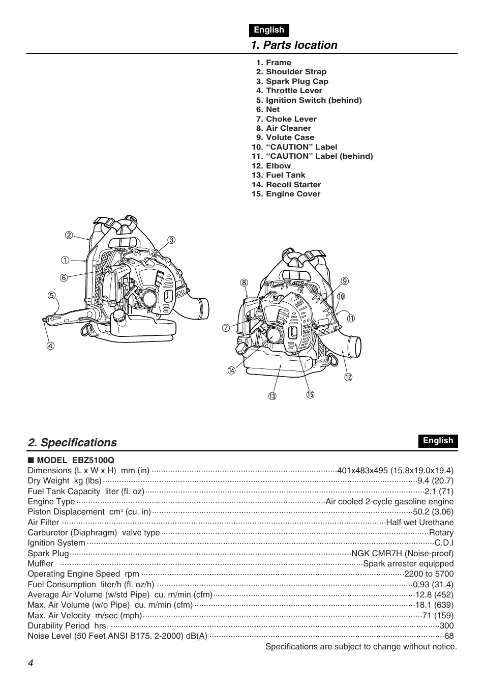 Parts location, Specifications | Zenoah EBZ5100Q User Manual | Page 4 / 56