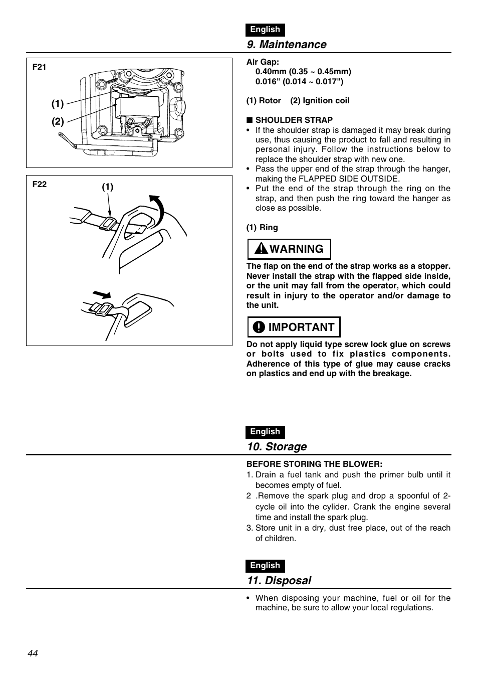Maintenance, Important warning 10. storage, Disposal | Zenoah EBZ5100Q User Manual | Page 44 / 56