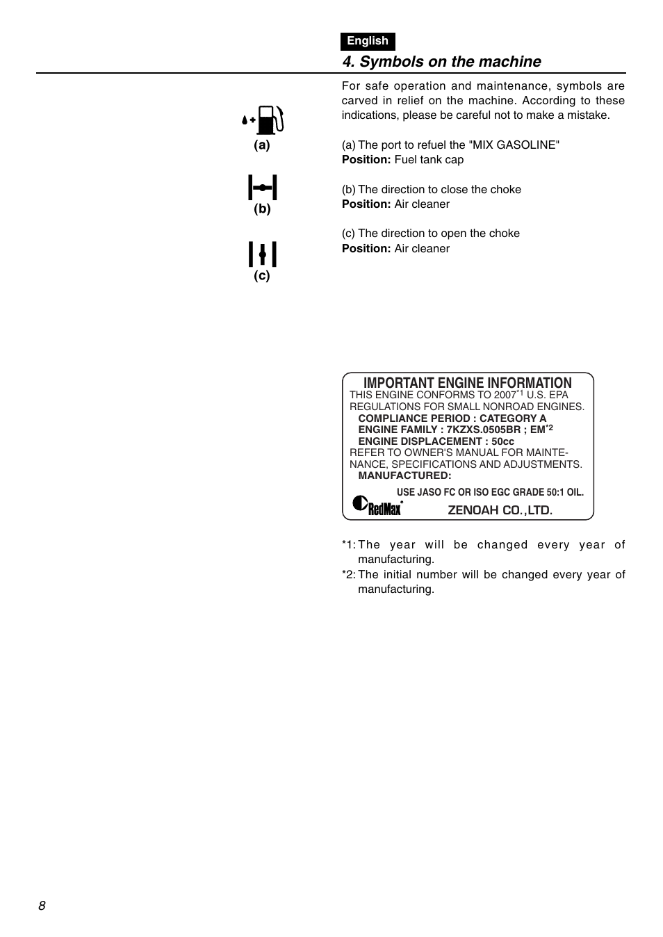 Symbols on the machine, Important engine information | Zenoah EBZ5100Q User Manual | Page 8 / 56