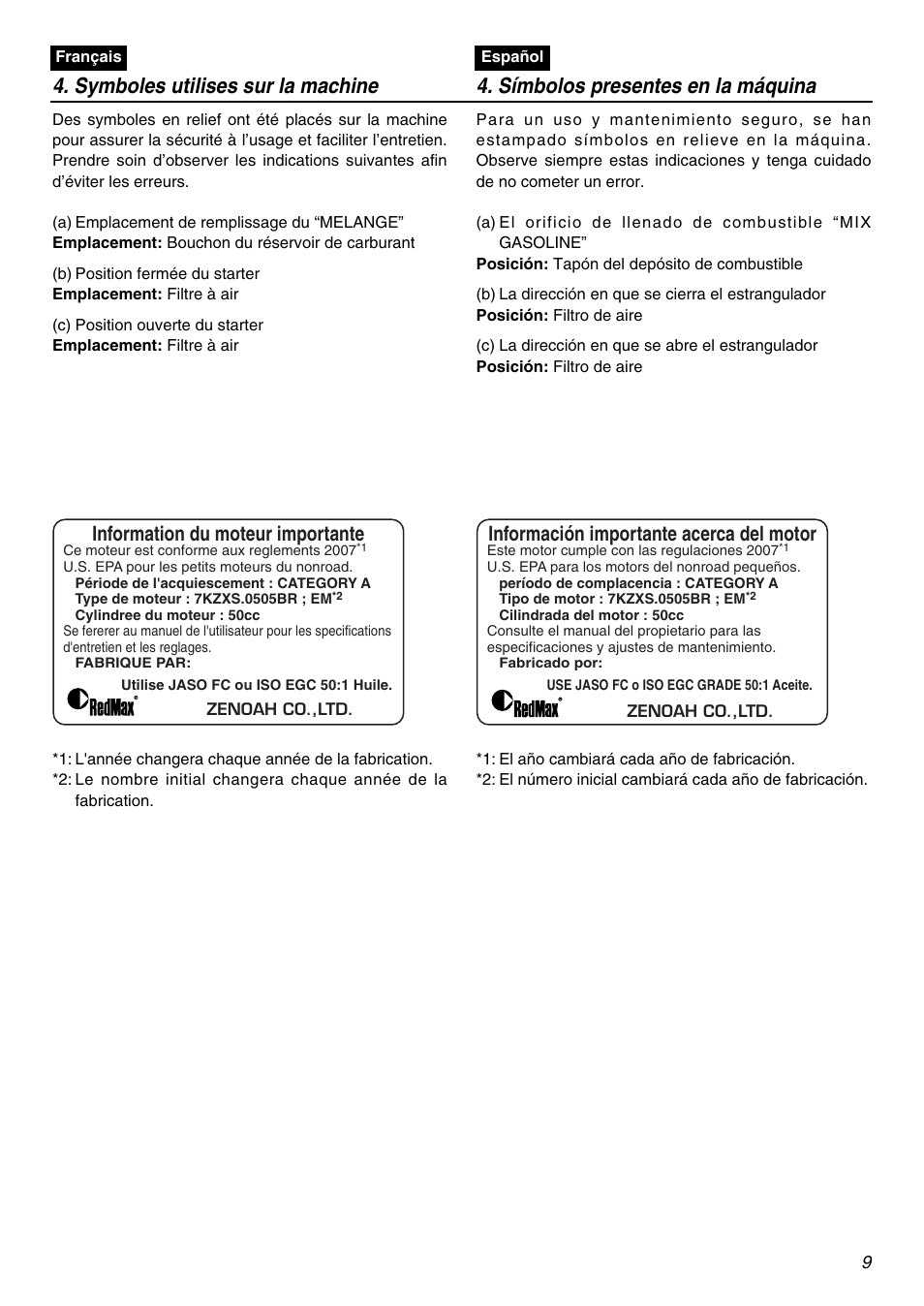 Information du moteur importante, Información importante acerca del motor | Zenoah EBZ5100Q User Manual | Page 9 / 56