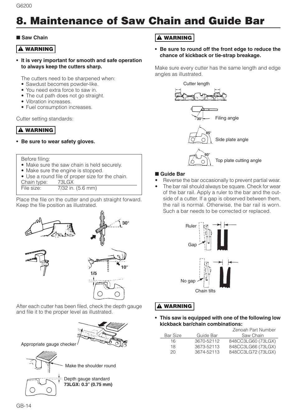 Maintenance of saw chain and guide bar | Zenoah G6200 User Manual | Page 14 / 16