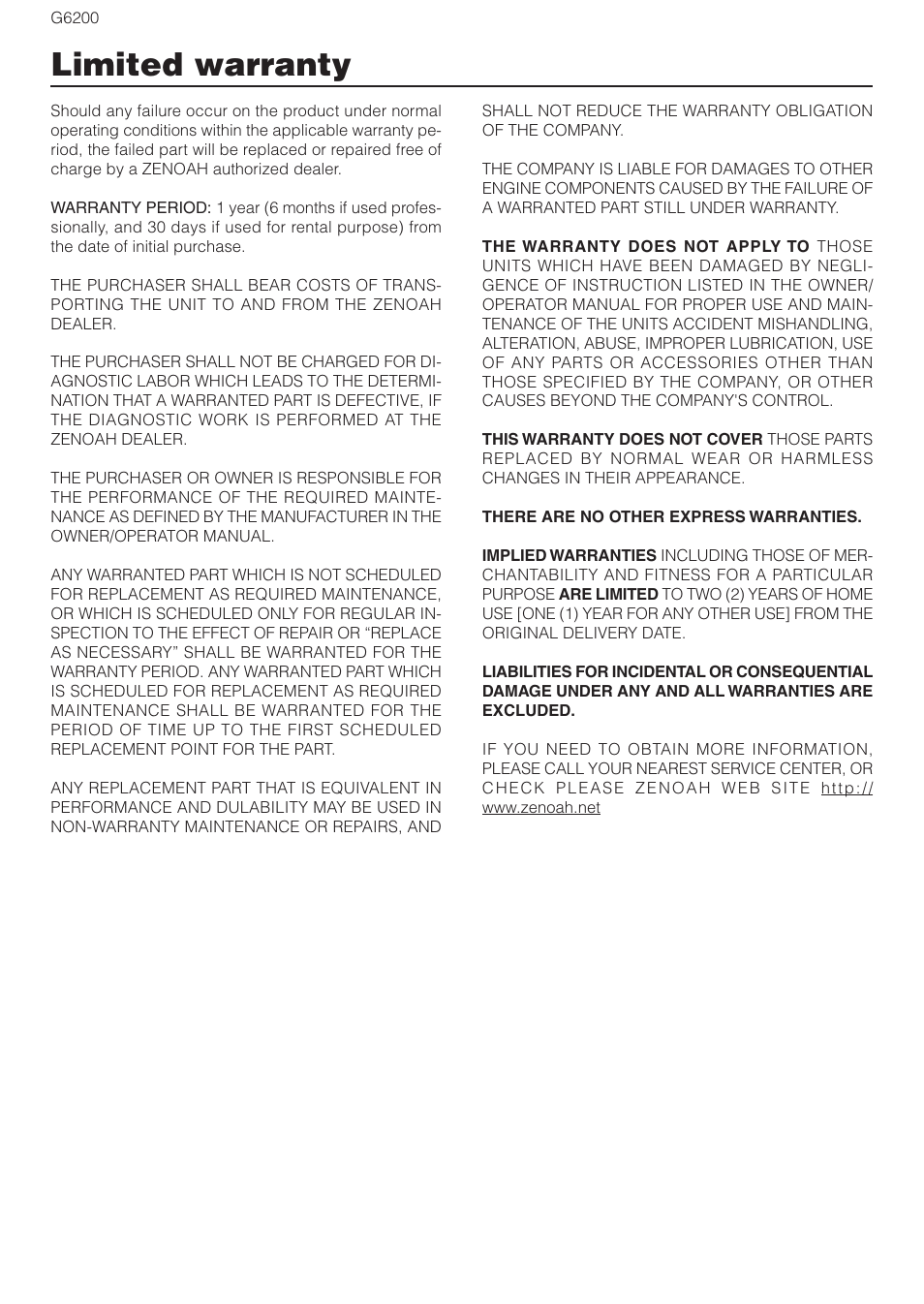 Limited warranty | Zenoah G6200 User Manual | Page 16 / 16