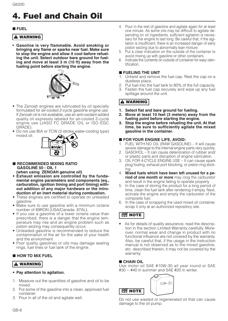 Fuel and chain oil | Zenoah G6200 User Manual | Page 8 / 16