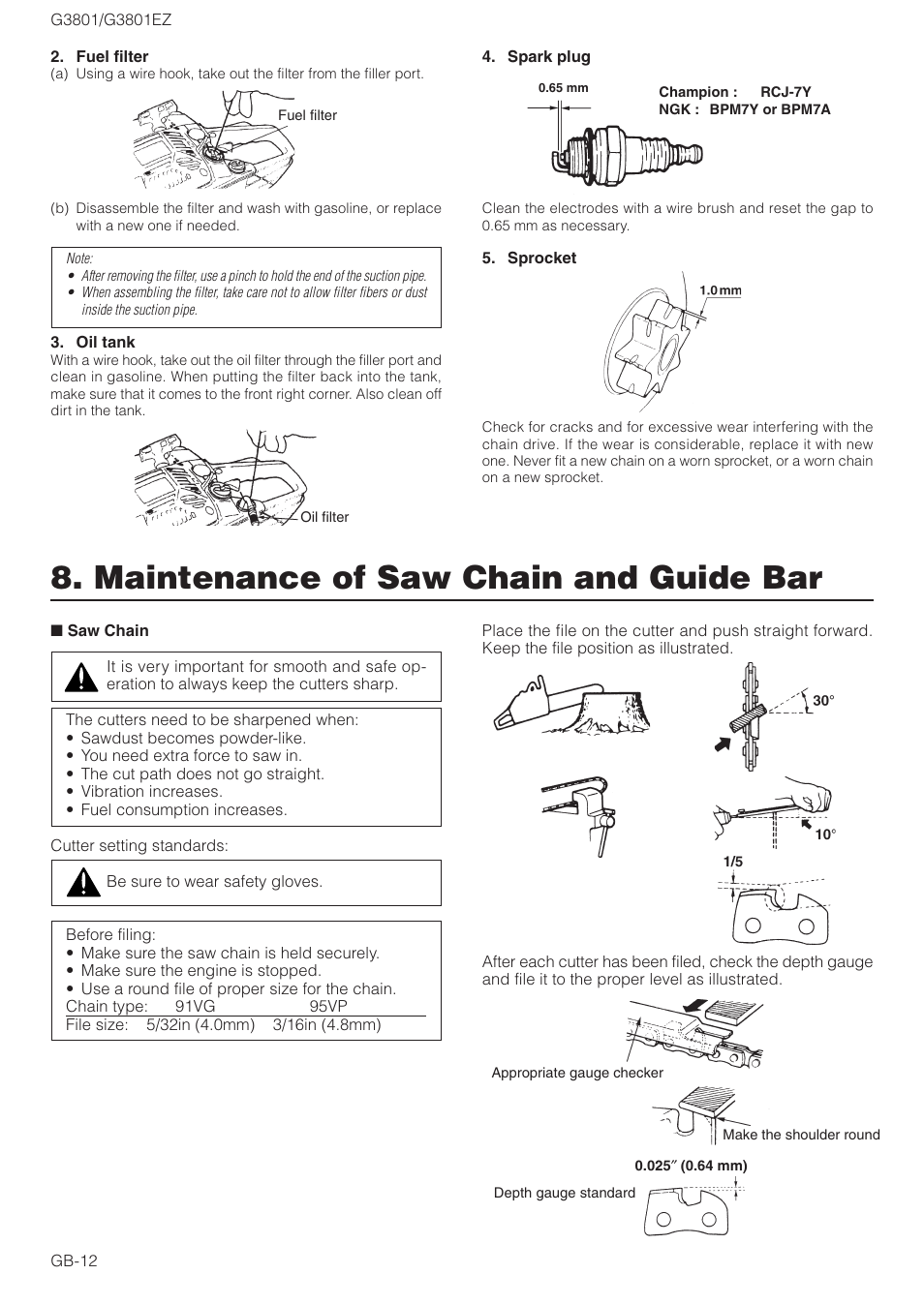 Maintenance of saw chain and guide bar | Zenoah G3801EZ User Manual | Page 12 / 15