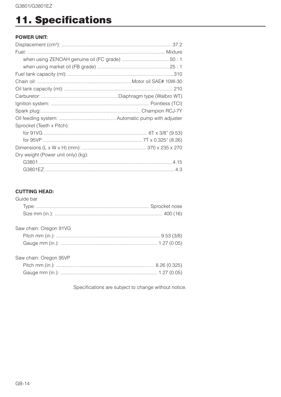 Specifications | Zenoah G3801EZ User Manual | Page 14 / 15