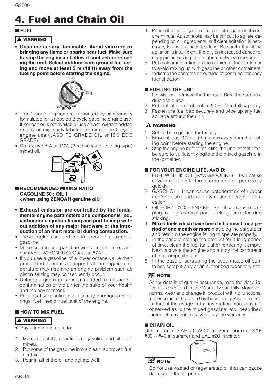 Fuel and chain oil | Zenoah G2000 User Manual | Page 10 / 17