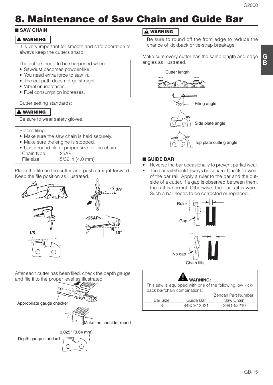 Maintenance of saw chain and guide bar | Zenoah G2000 User Manual | Page 15 / 17