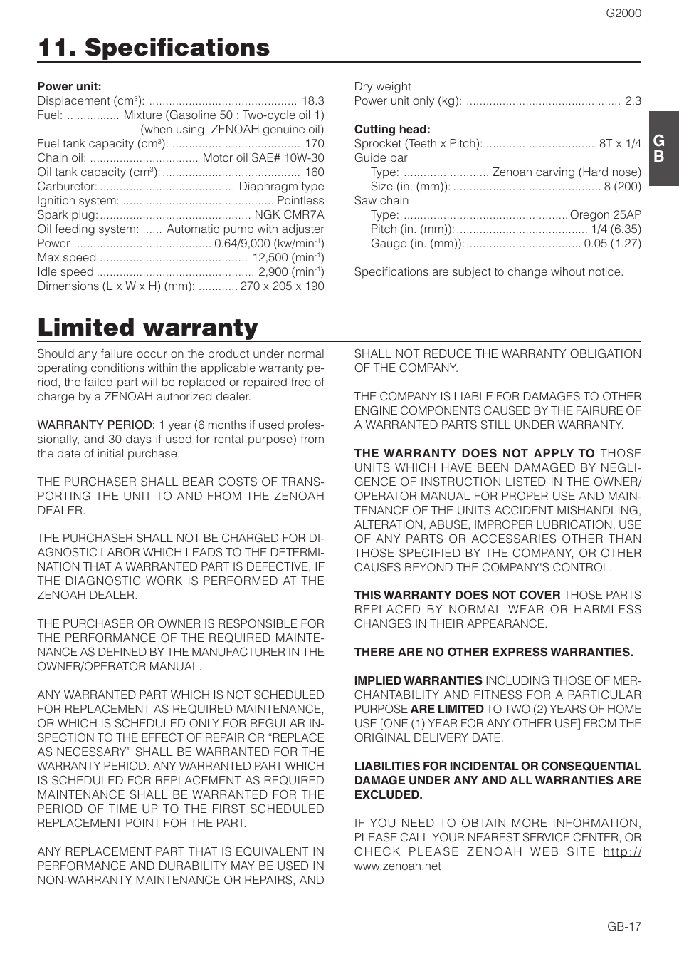 Specifications, Limited warranty | Zenoah G2000 User Manual | Page 17 / 17