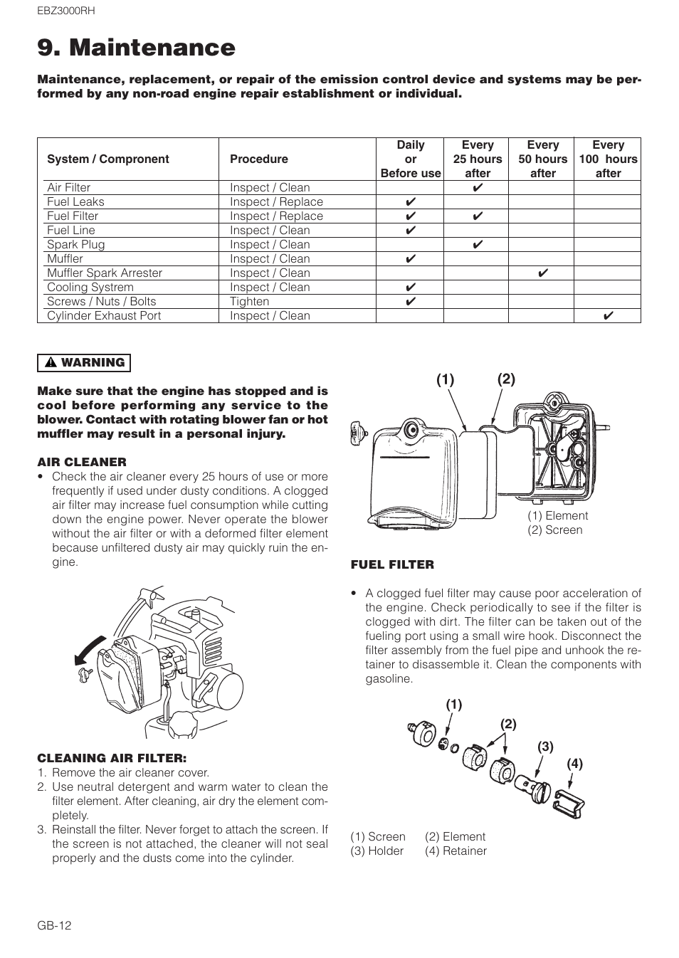 Maintenance | Zenoah EBZ3000RH User Manual | Page 12 / 16