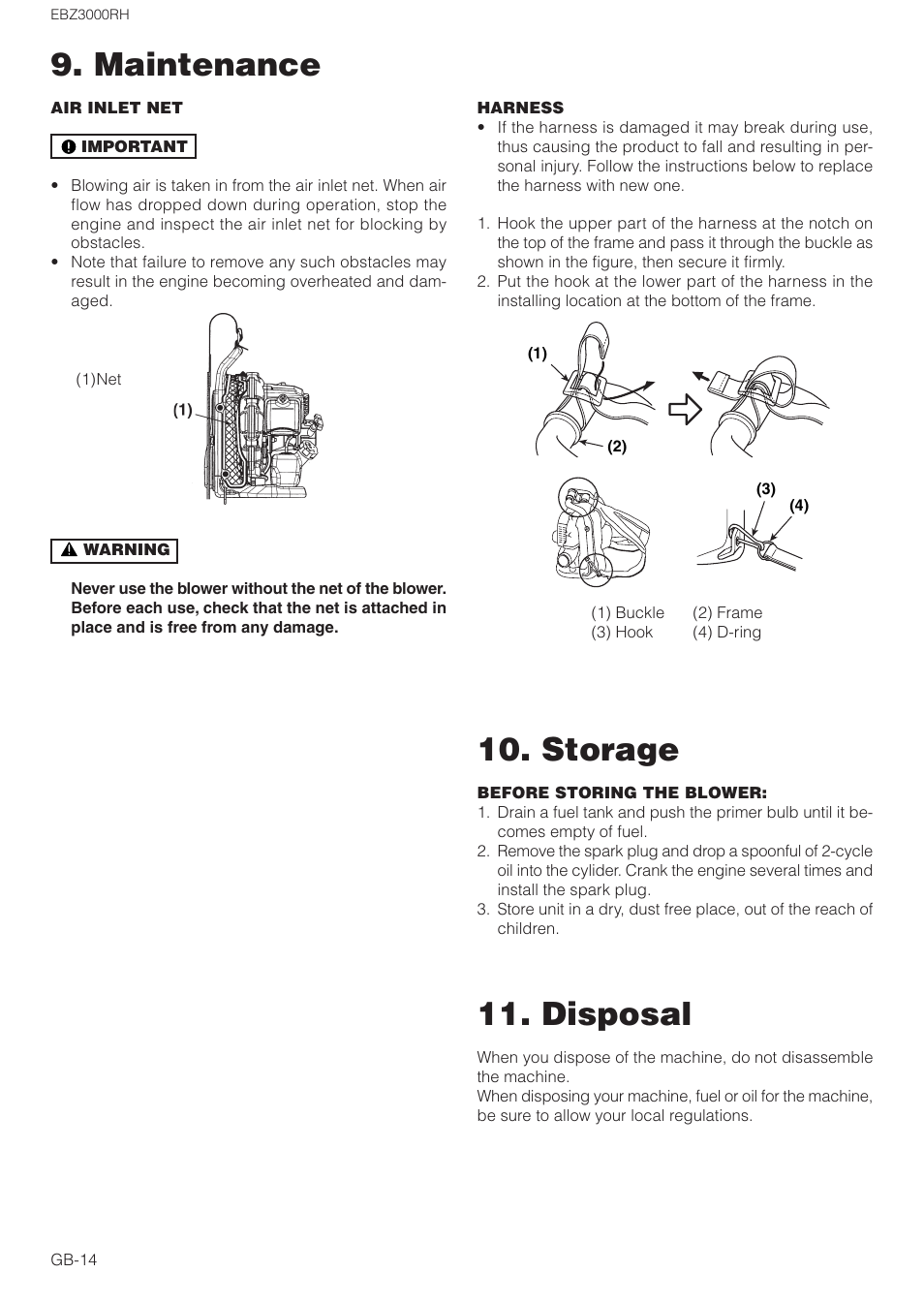 Maintenance 10. storage, Disposal | Zenoah EBZ3000RH User Manual | Page 14 / 16