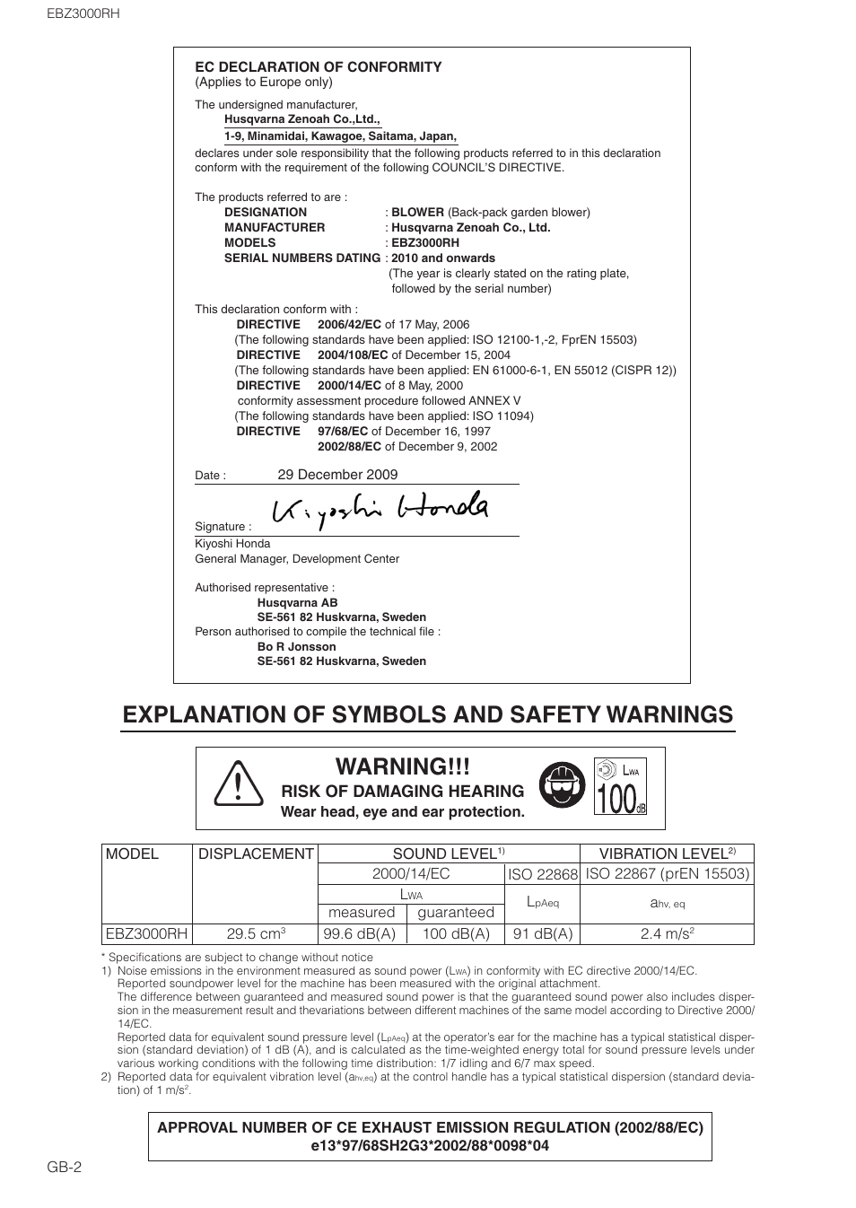 Warning, Explanation of symbols and safety warnings, Risk of damaging hearing | Zenoah EBZ3000RH User Manual | Page 2 / 16