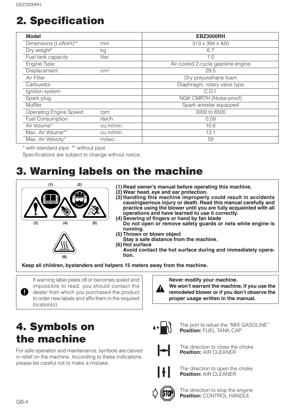 Specification 3. warning labels on the machine, Symbols on the machine | Zenoah EBZ3000RH User Manual | Page 4 / 16