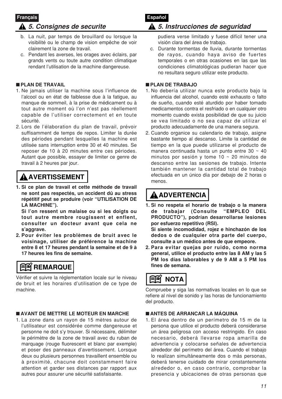 Remarque avertissement | Zenoah CHTZ2401L-CA User Manual | Page 11 / 54