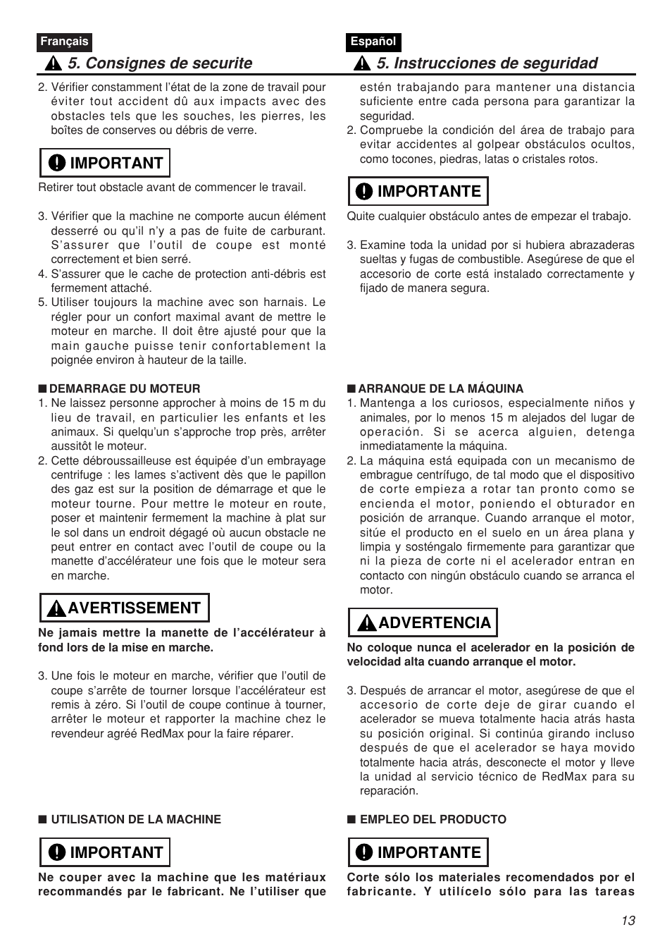 Important avertissement important | Zenoah CHTZ2401L-CA User Manual | Page 13 / 54