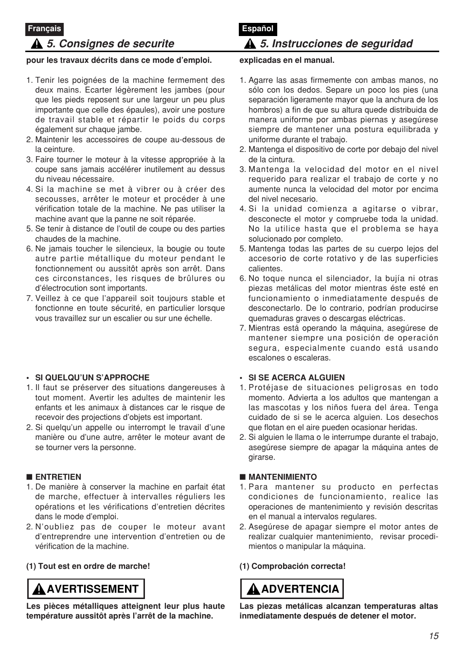 Avertissement | Zenoah CHTZ2401L-CA User Manual | Page 15 / 54