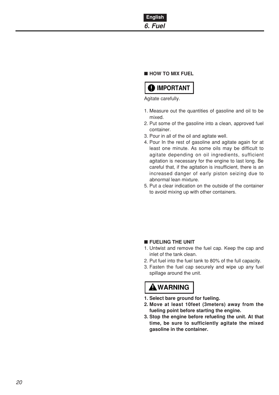 Warning important 6. fuel | Zenoah CHTZ2401L-CA User Manual | Page 20 / 54