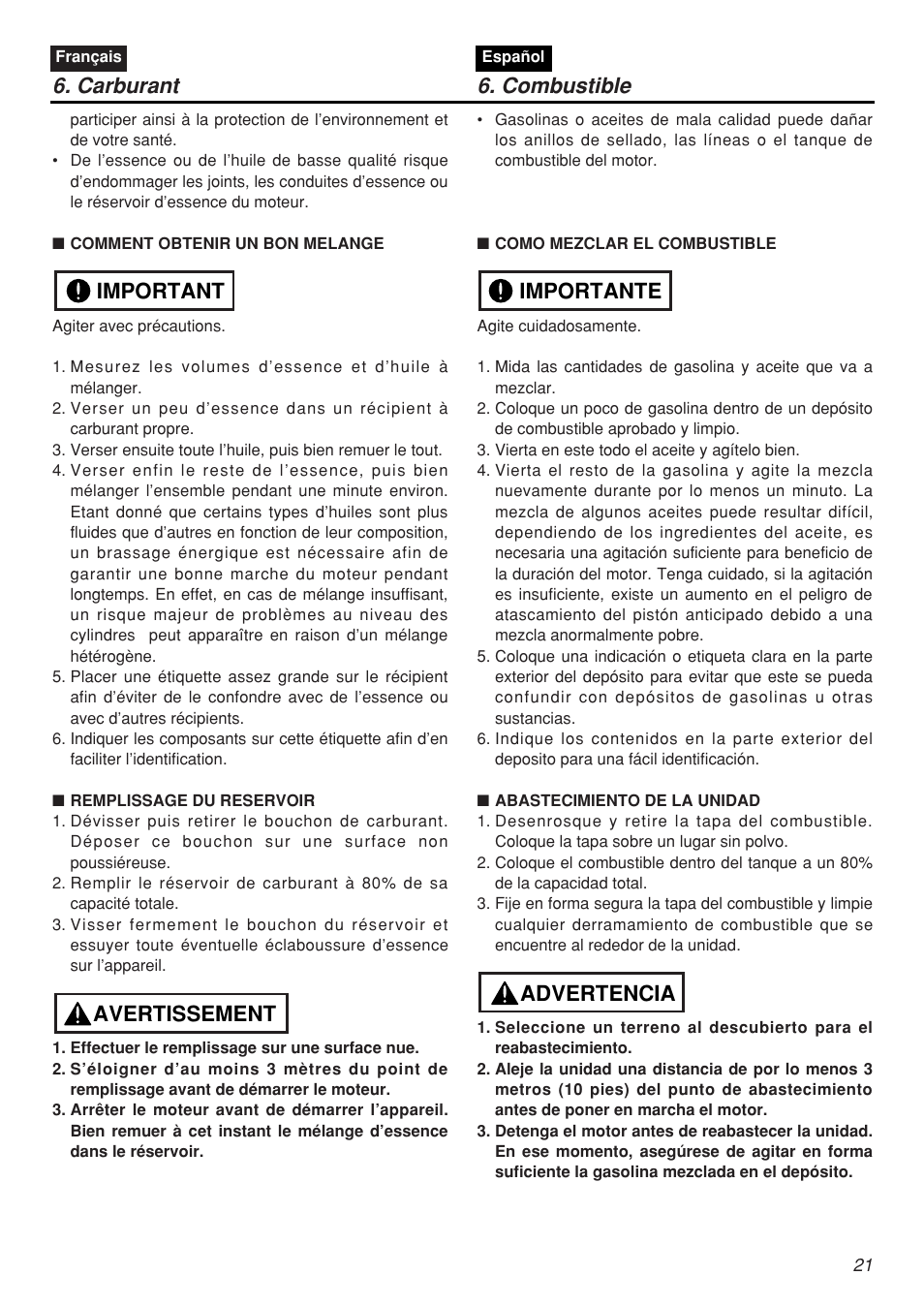 Avertissement important, Advertencia importante 6. carburant 6. combustible | Zenoah CHTZ2401L-CA User Manual | Page 21 / 54