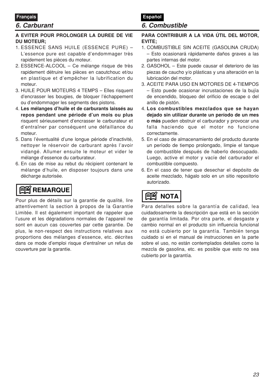 Remarque, Nota 6. carburant 6. combustible | Zenoah CHTZ2401L-CA User Manual | Page 23 / 54